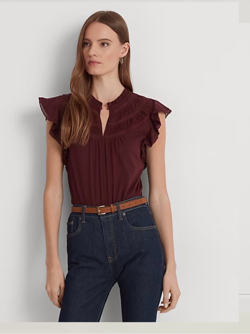 LAUREN Ralph Lauren Women's Ruffle Flutter Sleeve Top Sz L Plum Whimsical